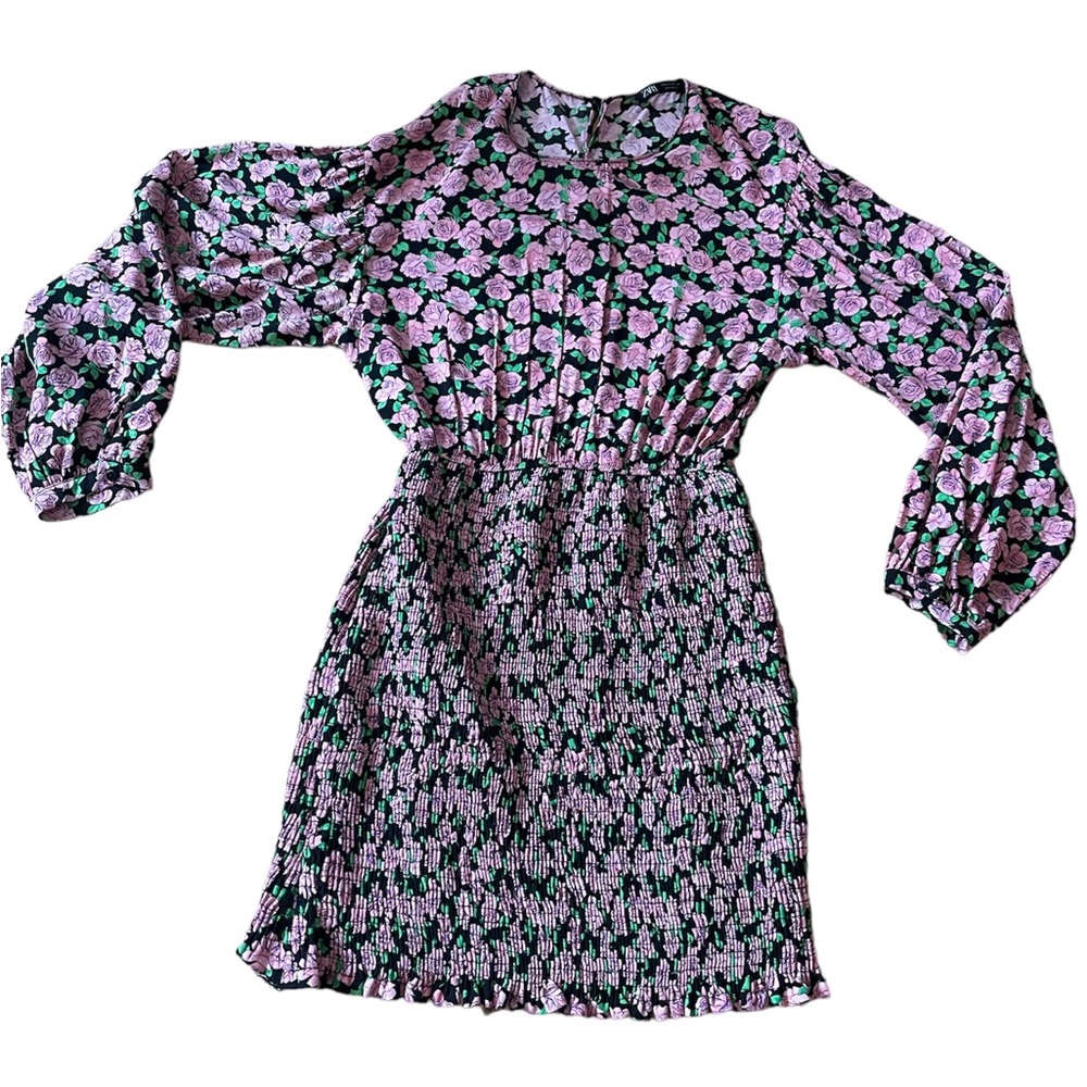 Zara Floral Ruched Dress, Size M, Like New Condition.